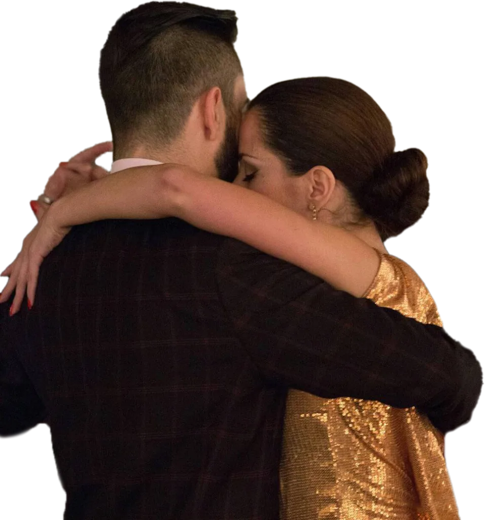 A couple in a Tango close embrace at Bangalore Tango Academy by teacher Roopa. She brings 20+ years of experience since 2006. She is trained extensively in Argentina.